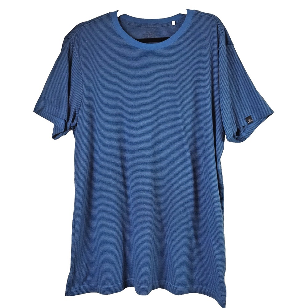 PrAna Mens Large Short Sleeve Hardesty T-Shirt Blue Striped Shirt Hiking Outdoor
